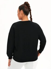 SHEIN Sports Plus Size Women's Loose Casual Printed Sweatshirt - Black - View 2