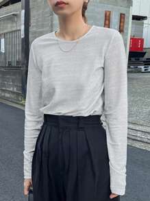 FRIFUL Women Crew Neck Long Sleeve Fitted Shiny Casual T-Shirt - White - View 2