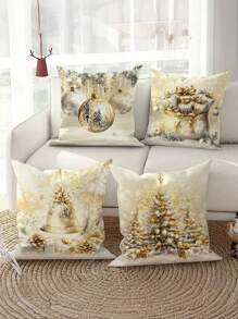 4pcs Set Pack White Gold Xmas Christmas Throw Pillow Cushion Case Cover Decor - Multicolor - View 3