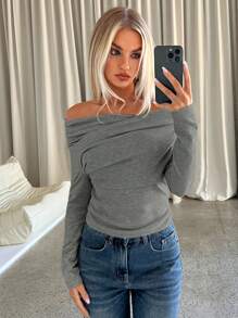 Aloruh Women's Simple Solid Color Pleated Slim Fit Long Sleeve T-Shirt, Autumn Winter - Grey - View 6