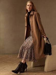 MOTF WOOL CONTRAST STITCH TRIM SLANT POCKET BUCKLE BELTED OVERCOAT - Camel - View 2