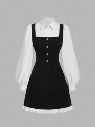 SHEIN MOD Vestido elegante de manga larga y cuello con cintura ceñida, efecto bicolor con decoración de lazo, vestido tipo línea A, vestido elegante de vuelta al colegio, conjunto de salida para maestros, vestido blanco de manga larga, vestido elegante