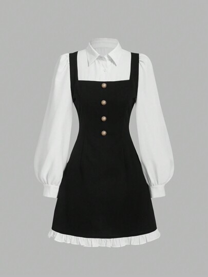 SHEIN MOD Women's Fall Collared Long-Sleeved Waist-Cinched Color-Blocked Tie Decoration, A-Line Elegant Dress, Back-To-School Fall Dress, Going Out Teacher Outfit, White Long-Sleeved Dress, Elegant Dress, ,