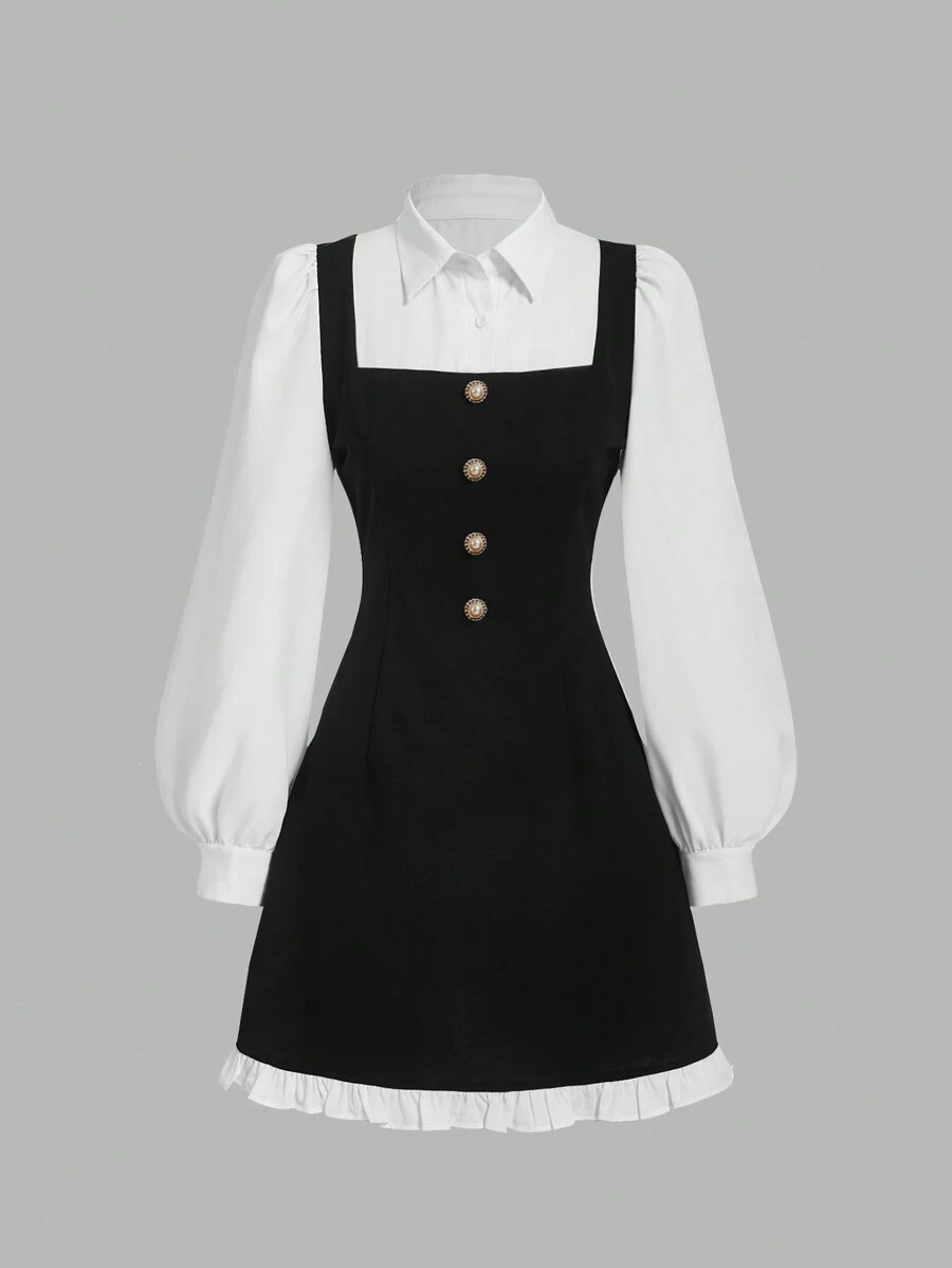 SHEIN MOD 女士秋季领口长袖收腰撞色系带装饰，A字型优雅连衣裙，开学秋季连衣裙，外出教师装，白色长袖连衣裙，优雅连衣裙，， - 黑與白 - 查看 1