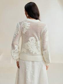 Anewsta Hollow-Out Embroidered Loose Knitted Sweater, Fall Winter - White - View 2