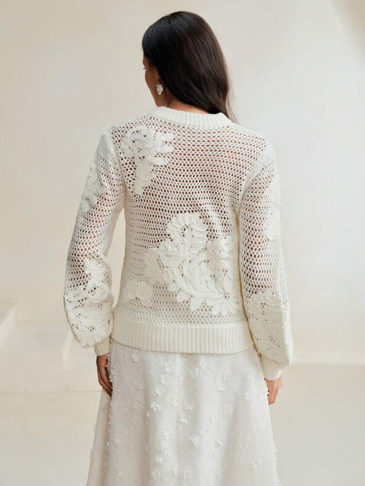 Hollow-Out Embroidered Loose Knitted Sweater, Fall Winter