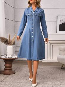 SHEIN LUNE Váy denim dài tay thường ngày cho nữ có nút phía trước, túi - Màu xanh lam - Xem 1
