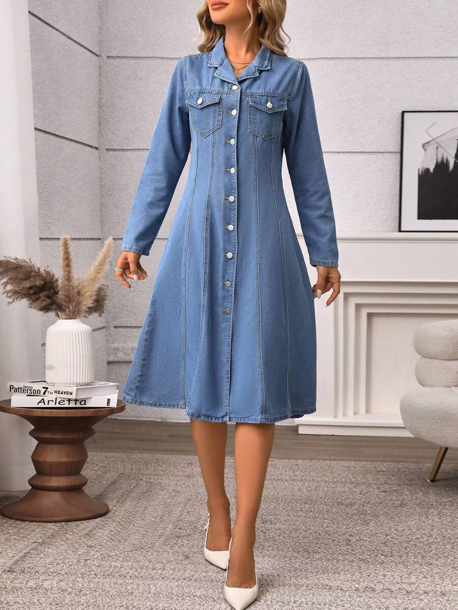 SHEIN LUNE Váy denim dài tay thường ngày cho nữ có nút phía trước, túi - Màu xanh lam - Xem 1