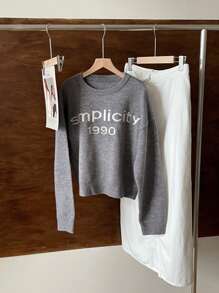 Dazy-Less 1 件女士休闲字母图案落肩宽松套头毛衣，不含衬衫，秋季服装