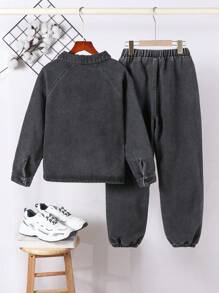 2 件套男童休闲百搭百搭美式街头风格洗水牛仔套装 - 黑色 - 查看 2