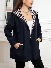SHEIN Clasi Plus Size Women Geometric Print Long Sleeve Drawstring Waist Reversible Hooded Jacket, Casual For Autumn - Navy Blue - View 3