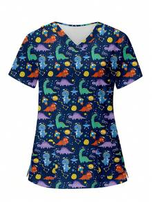 PopScrub 大码女式可爱卡通恐龙与太空科技印花短袖护士服上衣制服 - 藏蓝色 - 查看 4