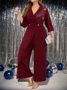 SHEIN Clasi Bộ đồ liền thân thanh lịch tay 3/4 có ve áo cổ vá sequin cỡ lớn cho nữ - Màu Đỏ Sâu - Xem 6