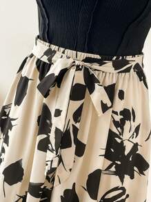 SHEIN Frenchy 大码休闲简约印花高腰喇叭下摆长款杏色蝴蝶结束腰裙子女式 - 杏色 - 查看 4