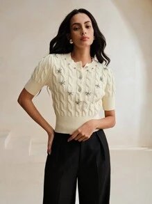 Anewsta Women's Rhinestone Detail Wide Hem Cable Knit Top - Beige - View 1