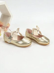 1 双女童蝴蝶结装饰平底休闲鞋，适合秋季学校、学生制服穿着 - 金色 - 查看 5