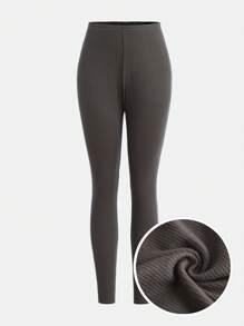 SHEIN Teen Girls All-Match Versatile High Stretch Ribbed Dark Gray Fold Over Leggings, Gray, Flannel, Warm/Cold Weather, Thermal Lined Leggings, Fluffy/Fuzzy - Dark Grey - View 1