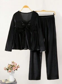 2 pezzi/Set Tuta comoda e casual in raso semplice e nero per ragazze adolescenti, coordinato di felpa e pantaloni