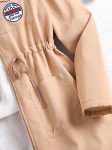 SHEIN Leap Crew Teen Girl's Khaki Thermal Lined Letter Pocket Hoodie Thick Warm Long Waist Coat, Autumn & Winter