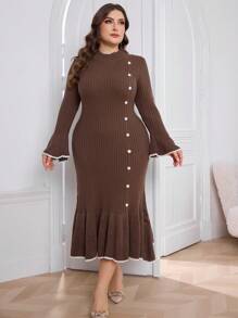 Modelyn Plus Size Autumn/Winter Casual Button Decor Elegant Ruffle Hem Sweater Dress - Grey - View 5