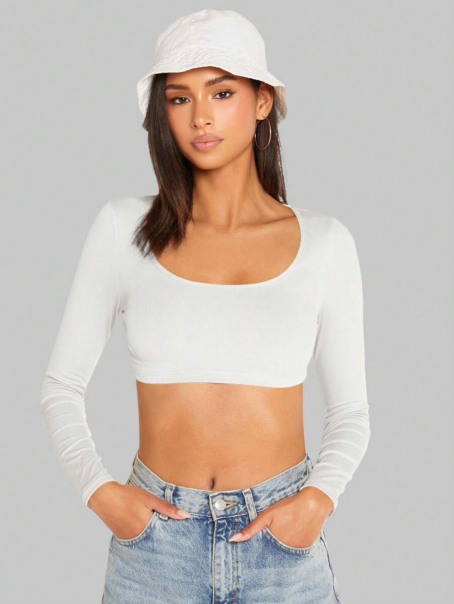 SHEIN BASICS Women Solid Color Round Neck Long Sleeve Cropped Fitted T-Shirt - White - View 1