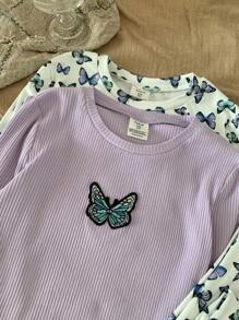 SHEIN Conjunto de 4 peças de camiseta e calças compridas casuais para meninas pré-adolescentes, ajuste confortável, estampa de borboleta, gola redonda, manga comprida, roupa de dormir, outono inverno