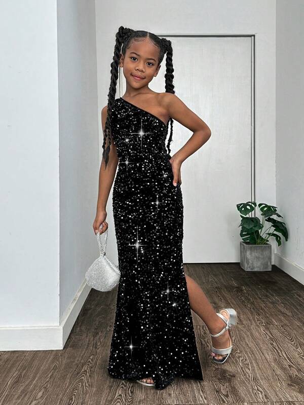SHEIN Tween Girl Rochie sirenă cu un singur umăr, elegantă, cu paiete