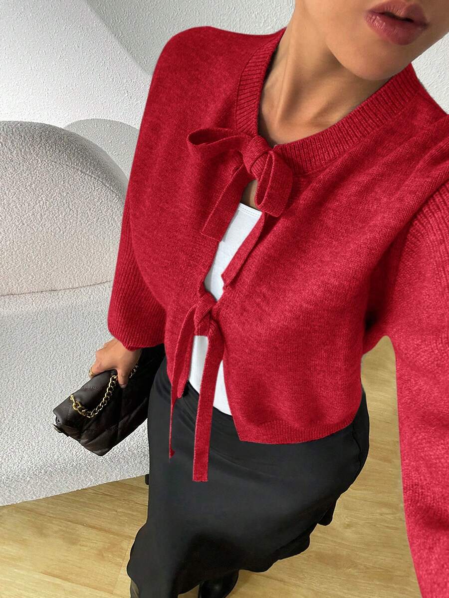SHEIN Essnce 女士秋冬灰色毛衣 休闲前系带女士开衫 开衫 秋季毛衣 - 酒紅色 - 查看 1