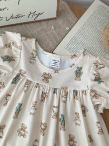 SHEIN Baby Girl Cute Cartoon Bear Pattern Ruffle Hem Round Neck Knit Nightgown - Khaki - View 4