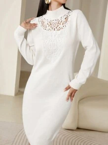 Modelyn Váy len chắp vá ren trơn màu thanh lịch dành cho nữ, mùa thu/đông - Màu be - Xem 7