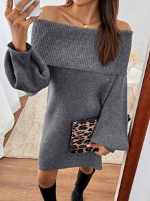 SHEIN Clasi Women's Gray Off-Shoulder Lantern Sleeve Sweater Dress - Grey - View 4