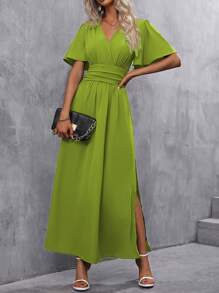 SHEIN Clasi Váy suông hở eo màu trơn giản dị/đi làm - màu xanh lá - Xem 3