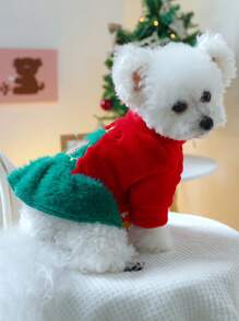 PETSIN 1 件圣诞树和泰迪熊图案连衣裙，适合比熊犬、博美犬、贵宾犬等小型犬的宠物衣服 - 彩色 - 查看 3