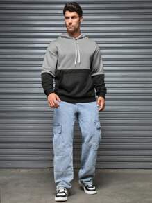 Manfinity Homme Men's Grey & Black Patchwork Hooded Sweatshirt With Pockets - Black - View 2