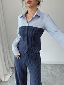 Modelyn 2 件套女士休闲撞色条纹印花修身衬衫和宽松阔腿裤套装，春秋两件套 - 藏蓝色 - 查看 4