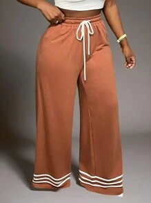 Slaydiva Nuevos pantalones de chándal de pierna ancha con cintura elástica a rayas - Marrón - Óxido marrón - Ver 5