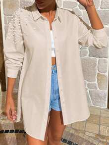 EURMUSE Pearls Beaded Drop Shoulder Shirt - Beige - View 5