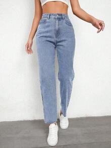 女士直筒拼布毛边休闲牛仔裤 - 淺色水洗藍 - 查看 5