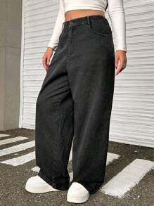 SHEIN EZwear Plus Size Black Distressed Wide-Leg Pants