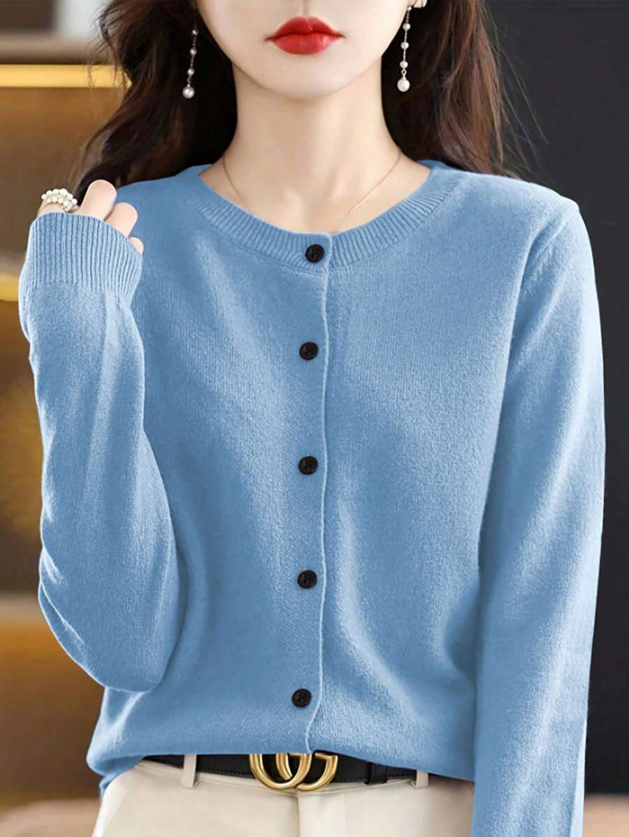 Chiquease 1 chiếc áo len cardigan trơn thường ngày cho nữ, đơn giản và thanh lịch, mùa thu/đông - Màu xanh lam - Xem 1