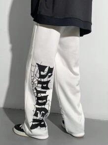 SHEIN 青少年男孩休闲摇滚朋克街头嘻哈蜘蛛网和英文图案印花宽松白色运动裤，适合秋冬季、情人节、万圣节