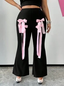 SHEIN SXY Quần ống loe nơ đen hồng dễ thương cỡ lớn dành cho nữ, thích hợp cho đêm Giáng sinh, mùa thu và mùa đông, đêm hẹn hò, sinh nhật, tiệc độc thân, dễ thương, giản dị, mua sắm, thời trang dạo phố, đi chơi, dễ phối đồ và trông thon gọn, tôn lên vóc dáng, tôn dáng - màu đen - Xem 7