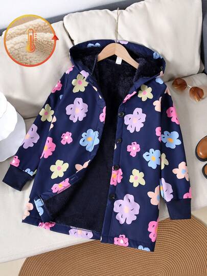 Chaqueta acolchada con capucha de longitud media, de estilo floral colorido, elegante y casual, para niña preadolescente, adecuada para la escuela, vacaciones y salidas en otoño e invierno