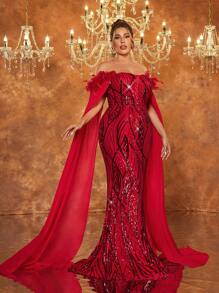 Glamrae Plus Size Red Luxury Sequins Embroidery Turkey Feather Large Shawl Halloween Prom Elegant Formal Evening Dress (Natural Turkey Feather Shoulder) For Wedding Guest, Graduation, Dinner, Party Dress,Gown