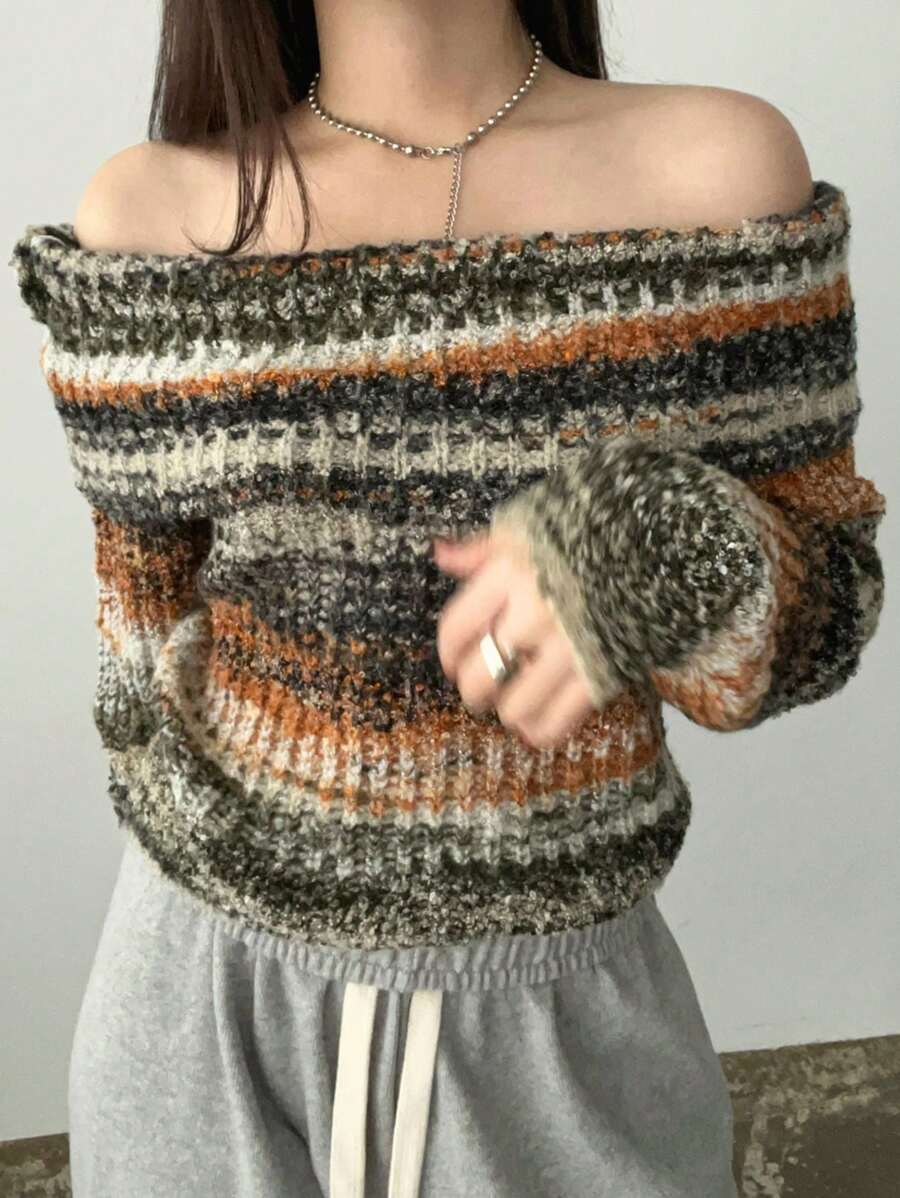 DAZY Áo len hở vai màu ombre thiết kế rộng rãi cho nữ, Áo len trễ vai, Quần áo mùa thu - Nhiều màu - Xem 1