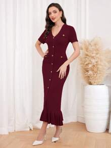 Modelyn Burgundy Red Women's Solid V-Neck Short Sleeve Single-Breasted Maxi Elegant Knitted Sweater Dress - Burgundy - View 3