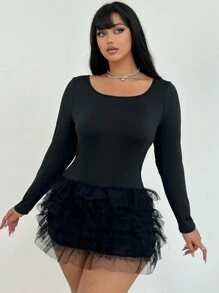 Allurite Plus Size Round Neck Long Sleeve Waist Fitted A-Line Contrast Mesh Black Dress - Black - View 5