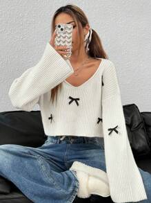 Flirla 1pc Women Loose V-Neck Casual 3D Bow Knit Sweater,Three Quarter Sleeve Tops