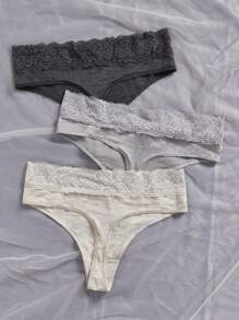 3pcs/Set Plus Size Lace Trim Thong Panties