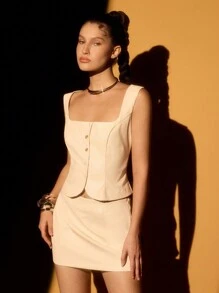 Lumalex 秋冬感恩节服装新年感恩节狂欢节服装正式舞会新年前夜服装音乐会 Pparty BanquetHall2 件女士皮革套装：圆领收腰低腰前开设计 - 杏色 - 查看 3